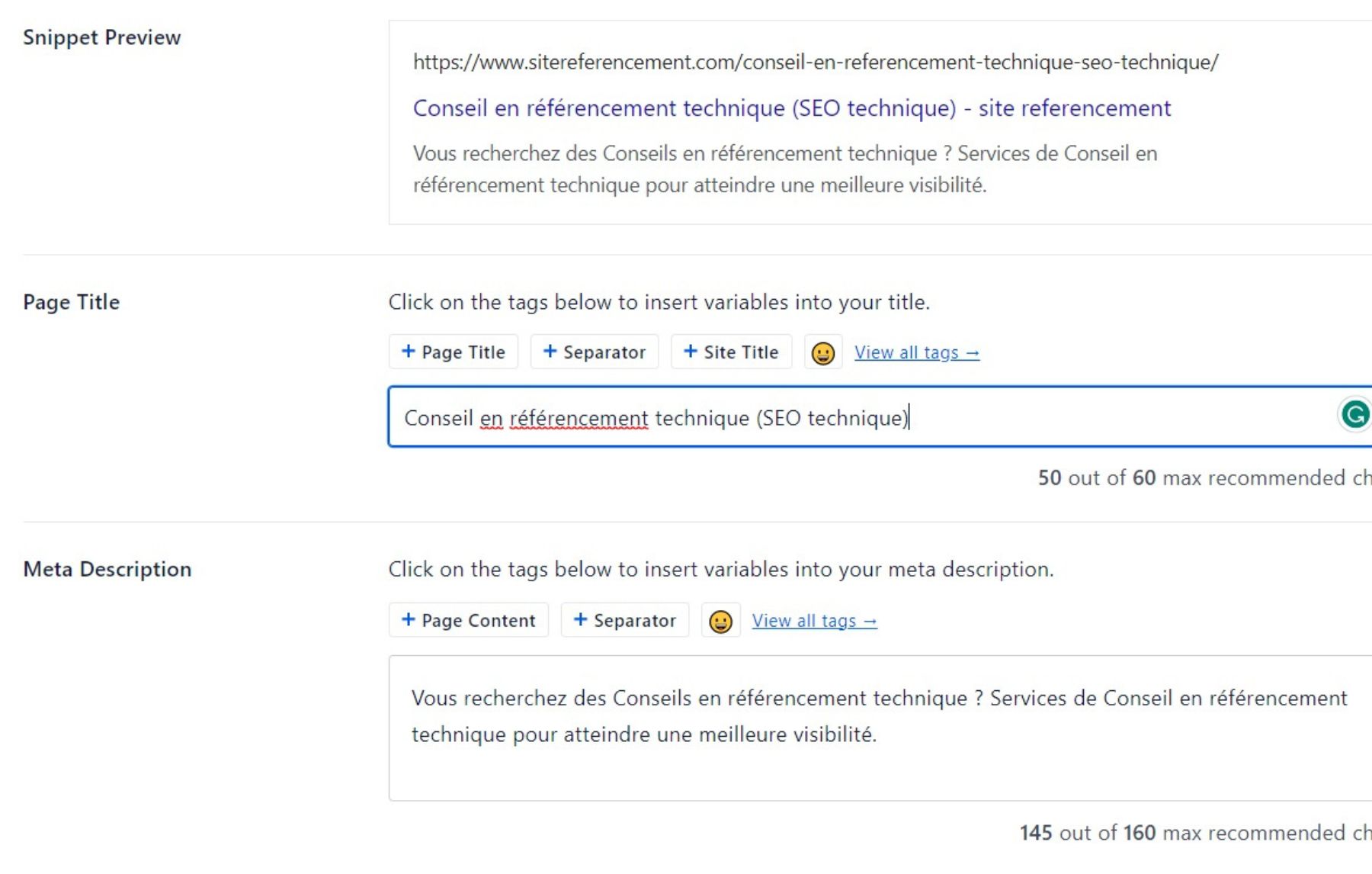 Editeur de balises meta et aperçu du snippet Google