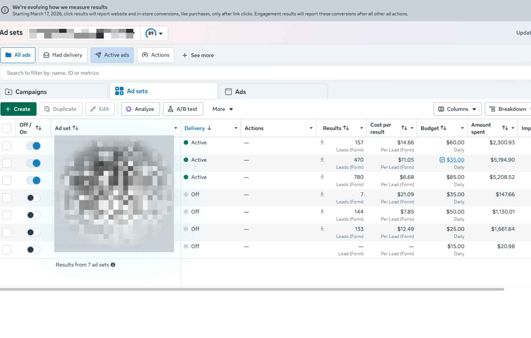 Interface Facebook Ads Manager : vue d'une campagne active